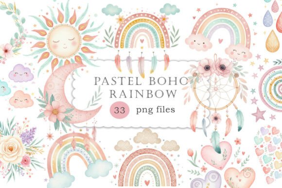 Download Pastel Boho Rainbow Clipart Set PNG - Rainbow Collection