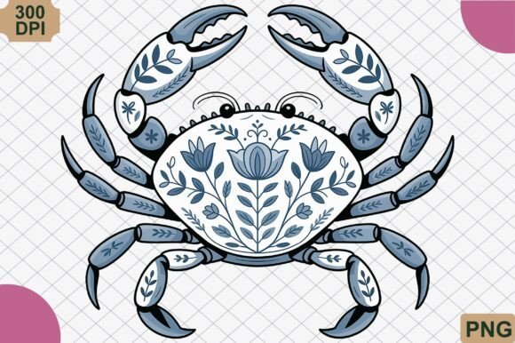 Download Blue Floral Crab Vintage Ocean PNG - Floral Collection